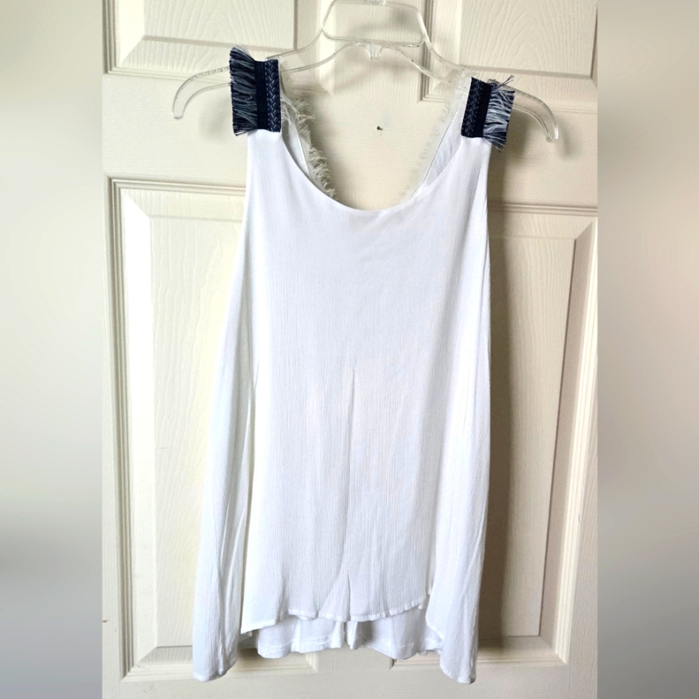 White Sleeveless Top with Navy Fringe Detail - Picture 2 of 3